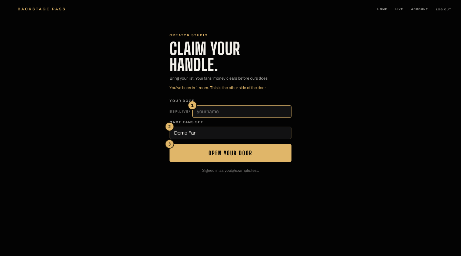 The claim screen: a handle field completing the door address, a display name field, and an Open your door button