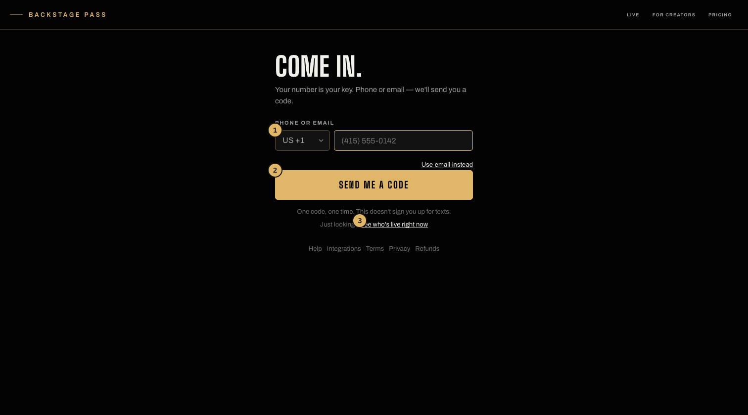 The sign-in screen: Continue with Google or Apple, then one field for an email or phone number and a Send me a code button