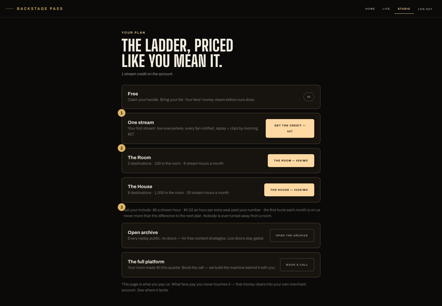 The plan screen: The Room and The House, each with its included numbers and the 30-day trial line