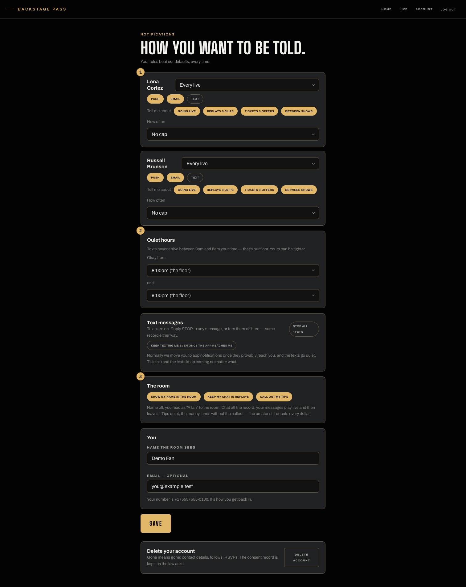 The notifications settings: per-creator channel and frequency dials, quiet hours, the text switches, and the room privacy card
